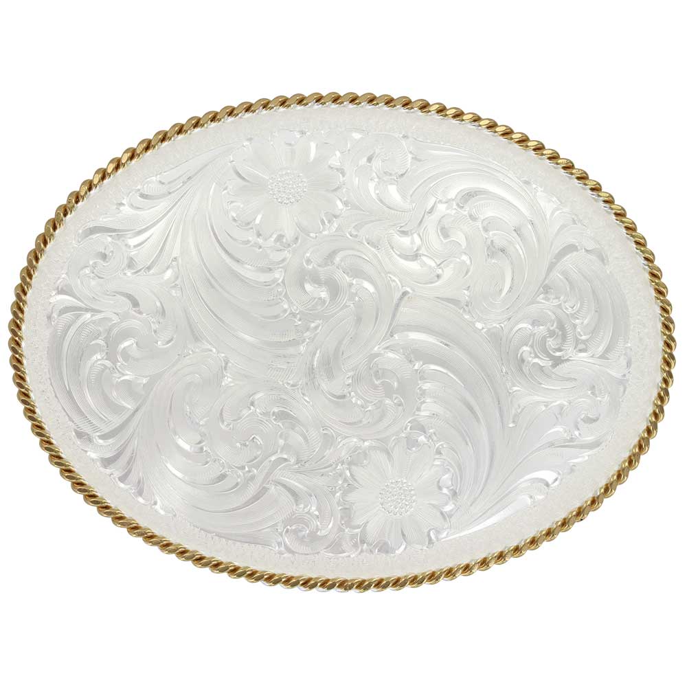 Silver Engraved Western Belt Buckle with Gold Roped Trim