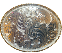 Load image into Gallery viewer, Silver Engraved Western Belt Buckle with Gold Roped Trim