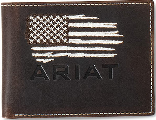 Ariat Men's Bi-Fold Distressed Leather Wallet with American Flag
