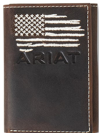 Ariat Men's Tri-Fold Distressed Leather Wallet with American Flag