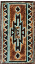 Load image into Gallery viewer, Ariat Men&#39;s Rodeo Leather Wallet with Turquoise Outline Southwestern Brown
