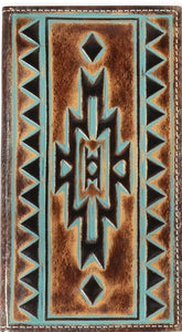 Ariat Men's Rodeo Leather Wallet with Turquoise Outline Southwestern Brown