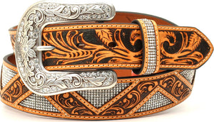 Angel Ranch Ladies' Western Belt with Zig Zag Stones Tooled Tan (1-1/2")