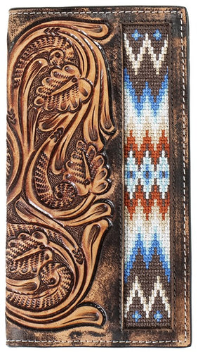 Men's Rodeo Style Hand Tooled Wallet Embroidered Inlay