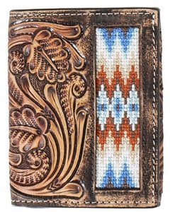 Men's Tri-Fold Wallet Hand Tooled Scroll Embroidered Inlay Brown