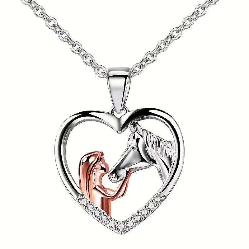Girl & Horse Exquisite Heart Horse Pendant Necklace