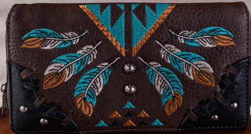Western Embroidered Arrow Feather Ladies' Wallet - Coffee