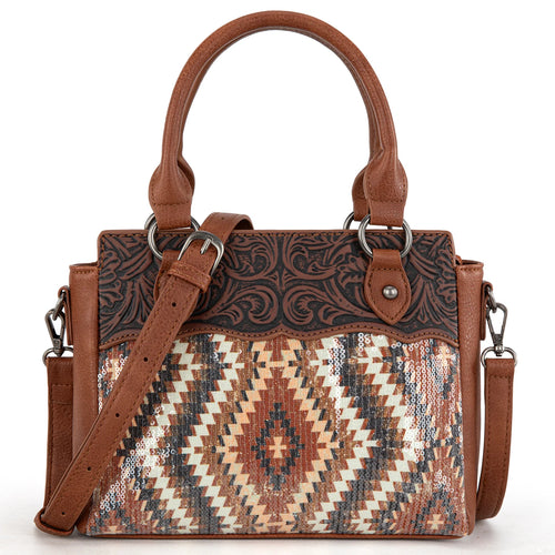 Western Tooled Aztec Tote/Crossbody - Brown