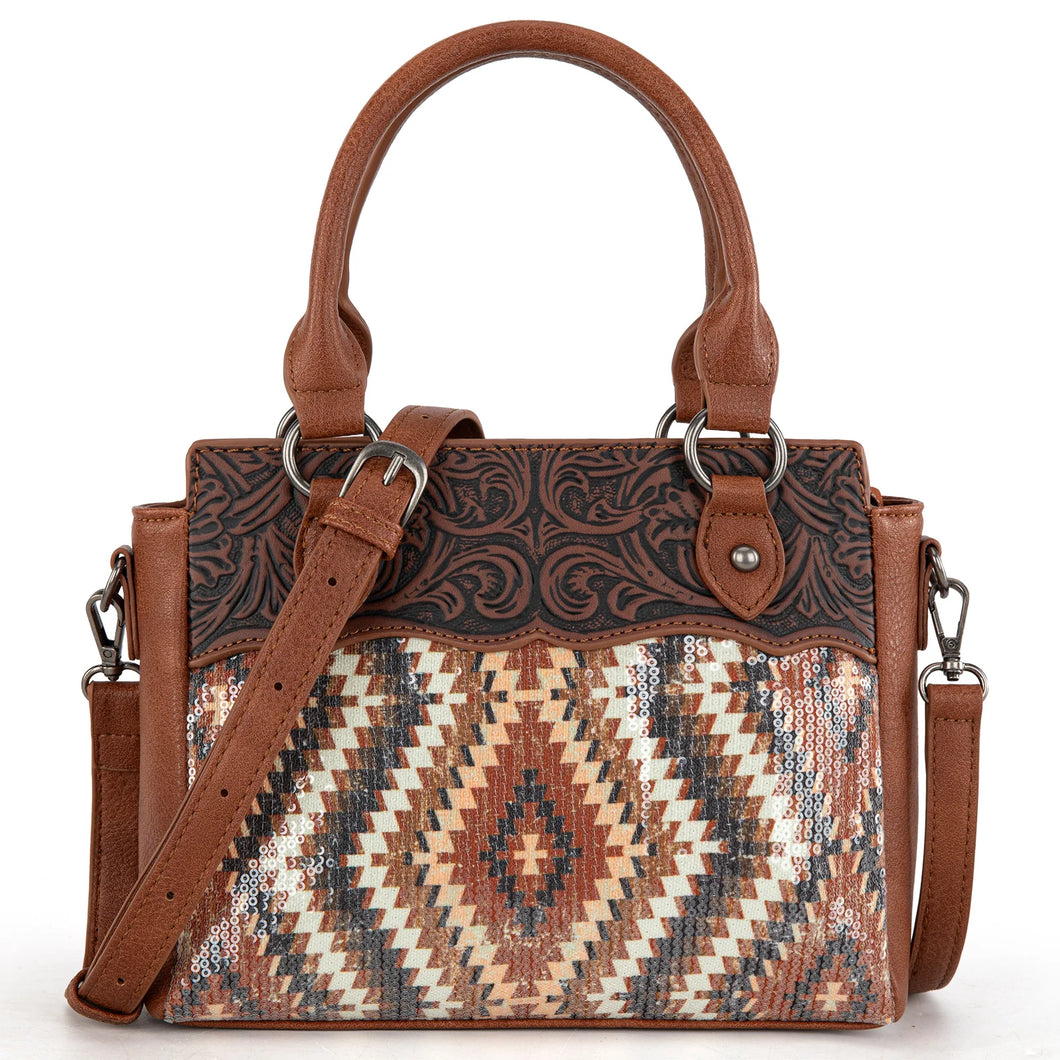 Western Tooled Aztec Tote/Crossbody - Brown