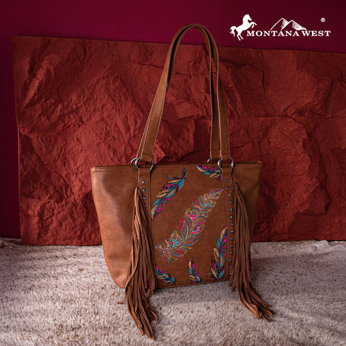 Western  Embroidered Feather Concealed Carry Tote - Brown