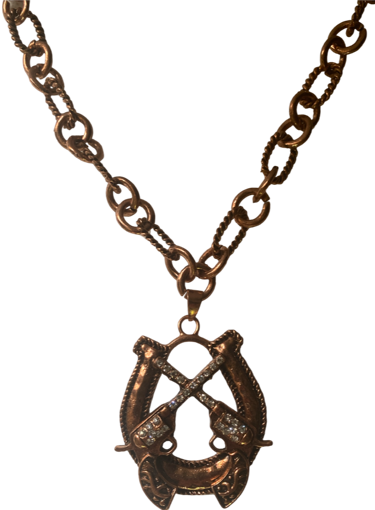 Western Copper Toned Crossing Pistols & Horseshoe Necklace