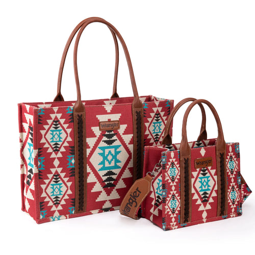 Wrangler Southwestern Print Large Tote & Small Canvas Tote/Crossbody - Burgundy (2-Piece)
