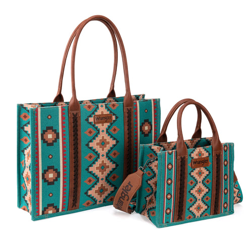 Wrangler Southwestern Print Large Tote & Small Canvas Tote/Crossbody - Turquoise (2-Piece)
