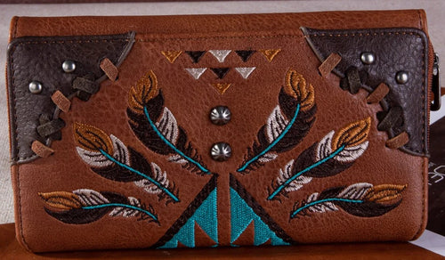Western Embroidered Arrow Feather Ladies' Wallet - Brown