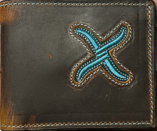 Twisted-X Distressed Brown Bi-Fold Wallet with Blue Embroidered Logo