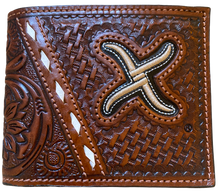 Load image into Gallery viewer, Twisted X Brown Basketweave &amp; Tooled Leather Bi-Fold Wallet with Rawhide Stitching