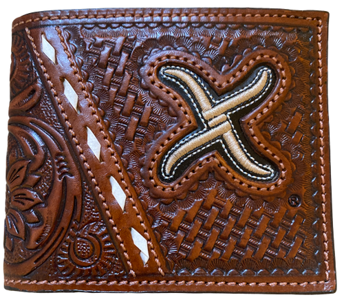 Twisted X Brown Basketweave & Tooled Leather Bi-Fold Wallet with Rawhide Stitching