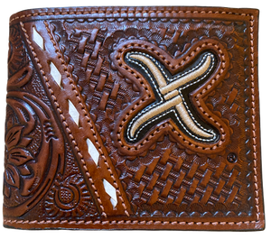 Twisted X Brown Basketweave &amp; Tooled Leather Bi-Fold Wallet with Rawhide Stitching