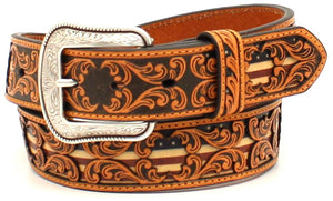 Men's Western Leather Tooled Belt with USA Flag Underlay - 1-1/2"