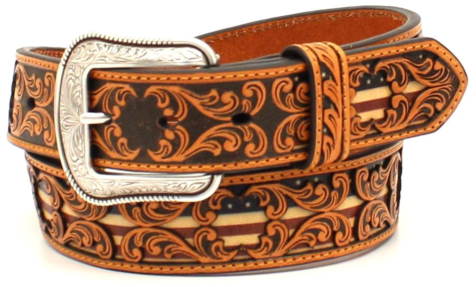 Men's Western Leather Tooled Belt with USA Flag Underlay - 1-1/2