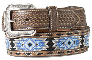 Men's Western Embroidered Belt with Blue Diamond Inlay - 1-1/2" to 1-3/4"