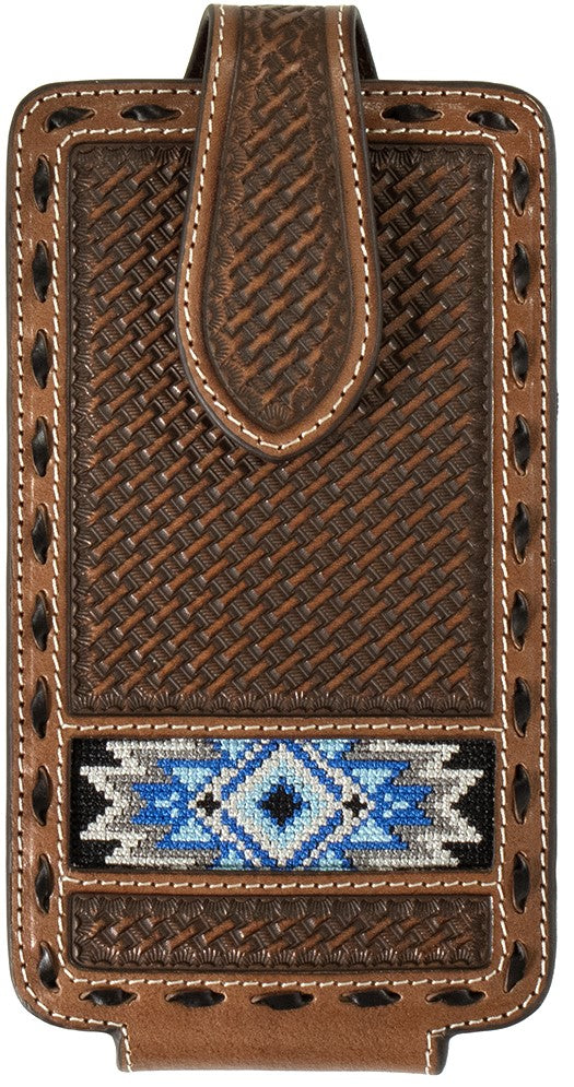 Wesern Basket Weave Embossed Cell Phone Holder with Buck Lace Brown