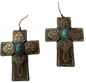 Copper, Silver and Turquiose Cross Earrings