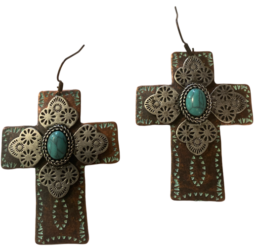 Copper, Silver and Turquiose Cross Earrings