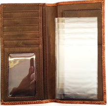 Load image into Gallery viewer, Western Brown Rodeo Wallet with Ostrich Print and Praying Cowboy Concho