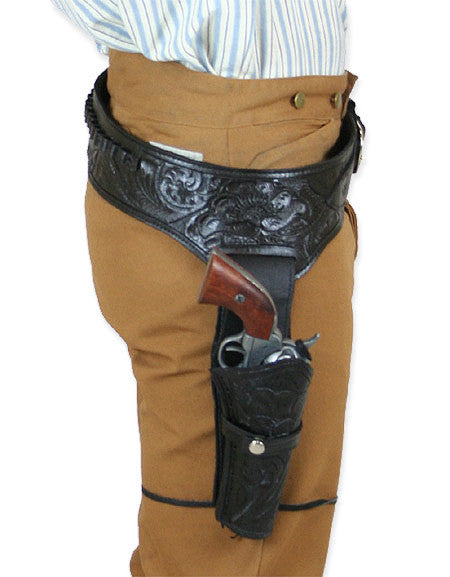 Hand Tooled Leather Gun Belt with Single Holster - .45 Caliber