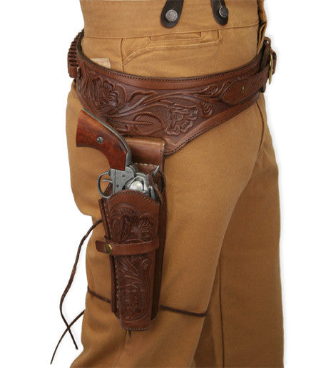 44/.45 cal) Western Gun Belt and Holster - RH Draw - Black Tooled Leather