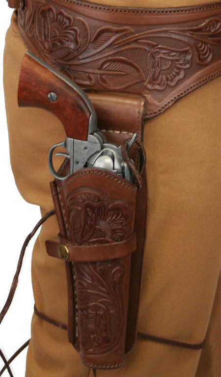 Hand-Tooled Embossed Leather Western Style Single Gun Belt Holster