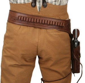 Hand Tooled Leather Gun Belt with Single Holster - .45 Caliber