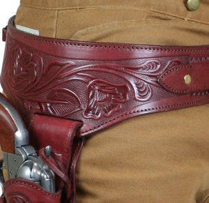 Hand Tooled Leather Gun Belt with Single Holster - .38 Caliber