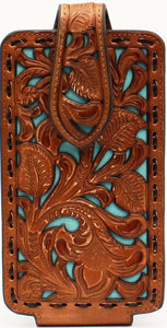 Western Tan & Turquoise Tooled Cell Phone Holder for iPhone 6+/7+/8+