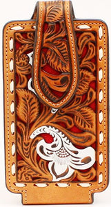Western Tooled Leather Tan Phone Case with Red Underlay and Buck Stitching