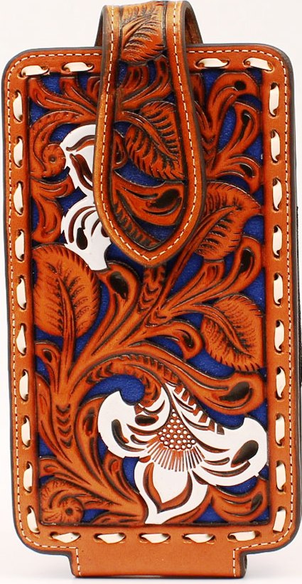 Western Tan & Blue Tooled Cell Phone Holder for iPhone 6+/7+/8+