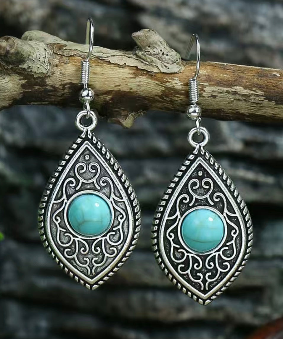 Silver Teardrop Earrings with Turquoise Stone