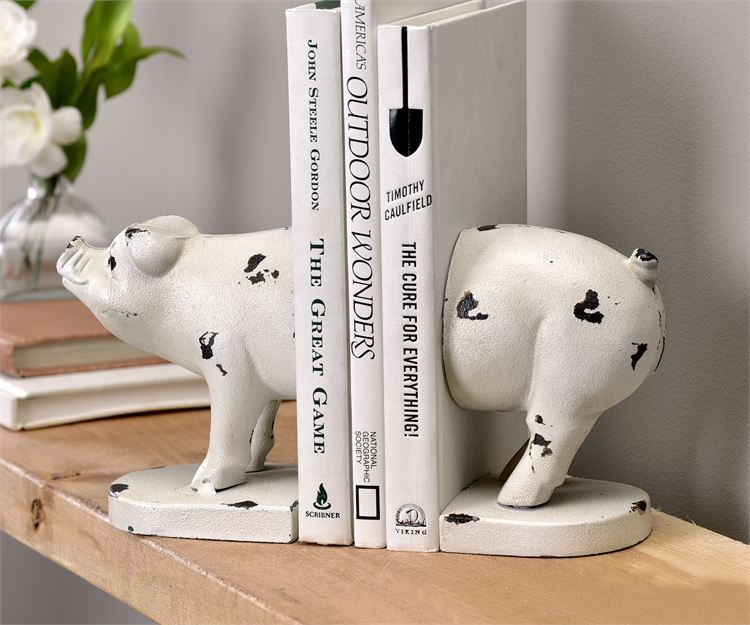 Weathered White Metal Pig Bookends