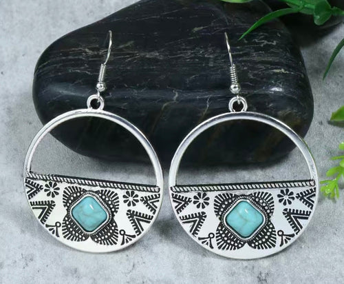 Western Silver Aztec Earrings with Turquoise Stone