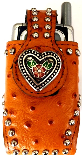 Western Tan Ostrich Cell Phone Holder with Red & Green Floral Heart Concho