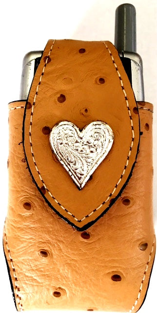 Western Tan Ostrich Cell Phone Holder with Silver Heart Concho