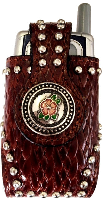 Western Snake Skin Burgundy Cell Phone Holder with Red & Green Floral Concho