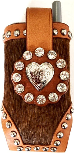 Western Brown Hair-On Cell Phone Holder with Silver Heart Concho