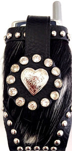 Western Black Hair-On Cell Phone Holder with Silver Heart Concho