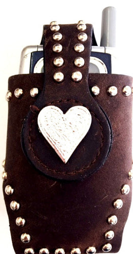 Western Brown Leather Cell Phone Holder with Silver Heart Concho