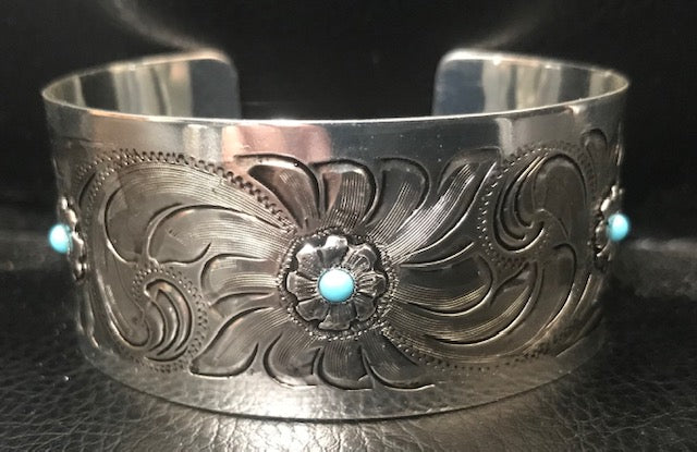 Silver Scrolled Cuff Bracelet with Turquoise Stones