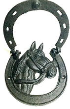 Load image into Gallery viewer, Cast Iron Horseshoe &amp; Horse Head Door Knocker