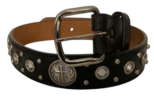 Western Ladies' Black Leather Belt with Rhinestones & Cross Conchos - 1-1/4