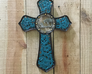 Blue Scrolled Wall Cross with Praying Cowboy
